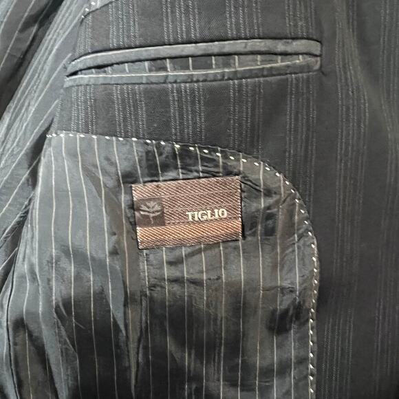 Tiglio Baroloz 100% Virgin Wool 150 Black Pin Striped Men’s Suit Jacket Long VTG - Picture 3 of 10